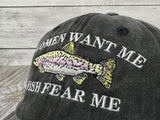 Embroidered women Want Me Fish Fear Me Trucker Hat for Men, Washed Black Dad Hat, Outdoor Adjustable Baseball Snapback Hats