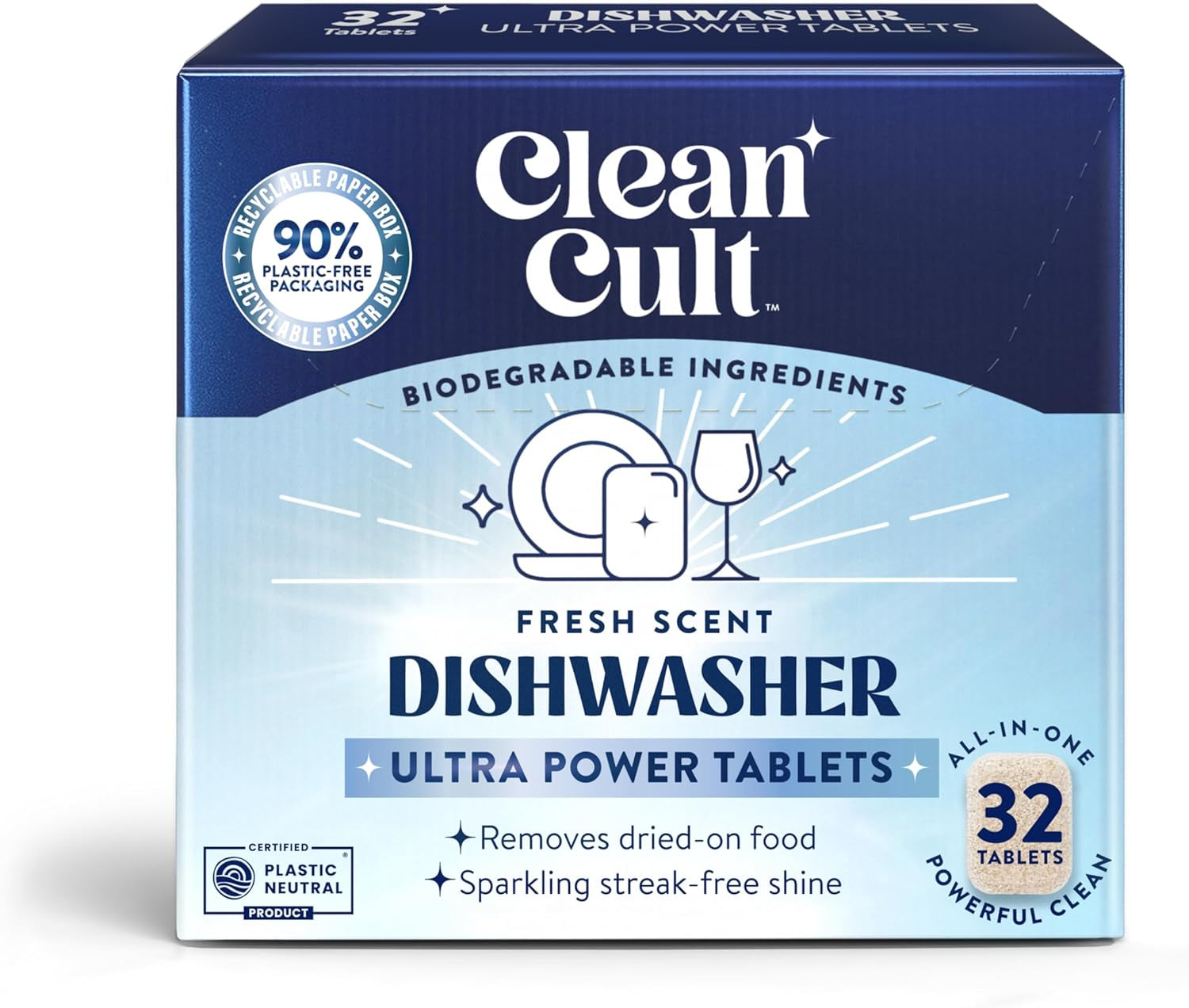 Ultra Power Dishwasher Detergent Pods for Sparkling Streak-Free Shine, All-In-One, No Plastic Waste, 32 Count
