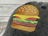 Embroidered Hamburger Baseball Hat for Men Women Adults, Washed Black Cheese Burger Embroidery Snapback Adjustable Dad Hat