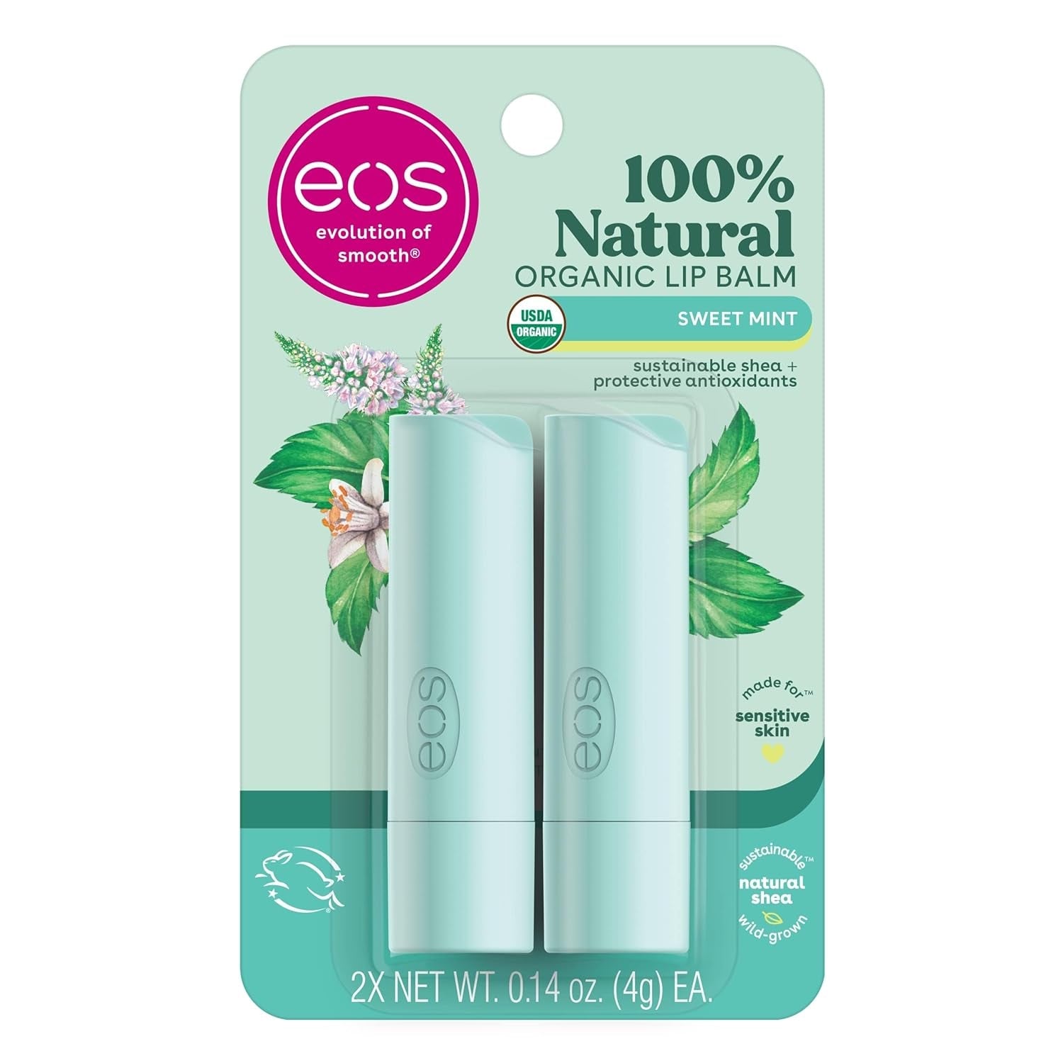 100% Natural & Organic Lip Balm Sticks - Sweet Mint, All Natural Lip Balm, All-Day Moisture, Dermatologist Recommended, 0.14 Oz, 2-Pack