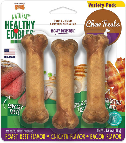 Healthy Edibles Natural Dog Chews Long Lasting Roast Beef, Chicken & Bacon Flavor Treats for Dogs, Small/Regular (3 Count)