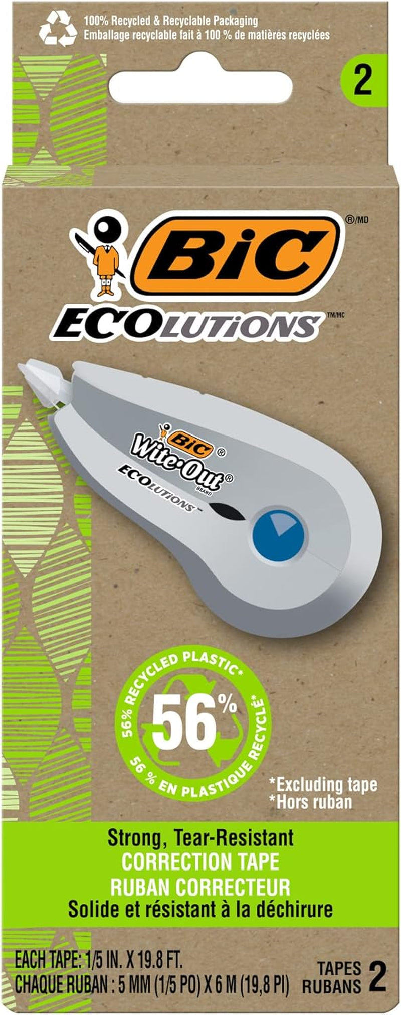 Ecolutions Wite-Out Brand Correction Tape, 19.8 Feet, 2-Count Pack, Correction Tape Made from 56% Recycled Plastic