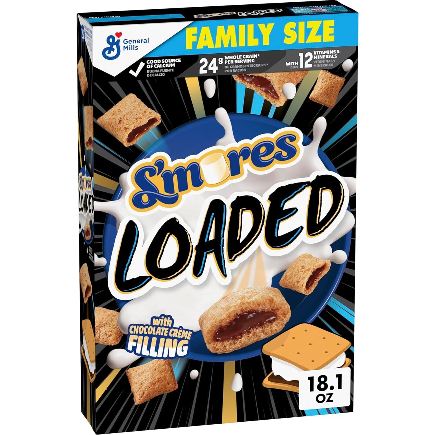 S'Mores Loaded Cereal, Crispy Cereal with Naturally and Artificially Flavored Chocolate Creme Filling, Made with Whole Grain, Family Size, 18.1 Oz