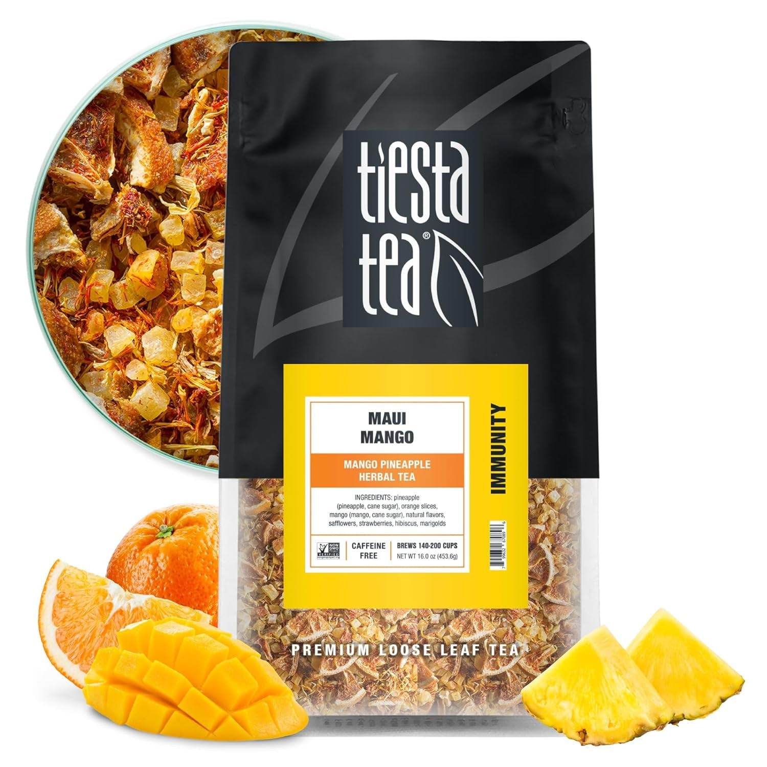Maui Mango | Loose Leaf | Mango Pineapple Herbal Tea | Premium Non-Caffeinated Fruit Blend | Makes Hot or Iced & Brews up to 200 Cups | 16 Ounce Resealable Bulk Pouch