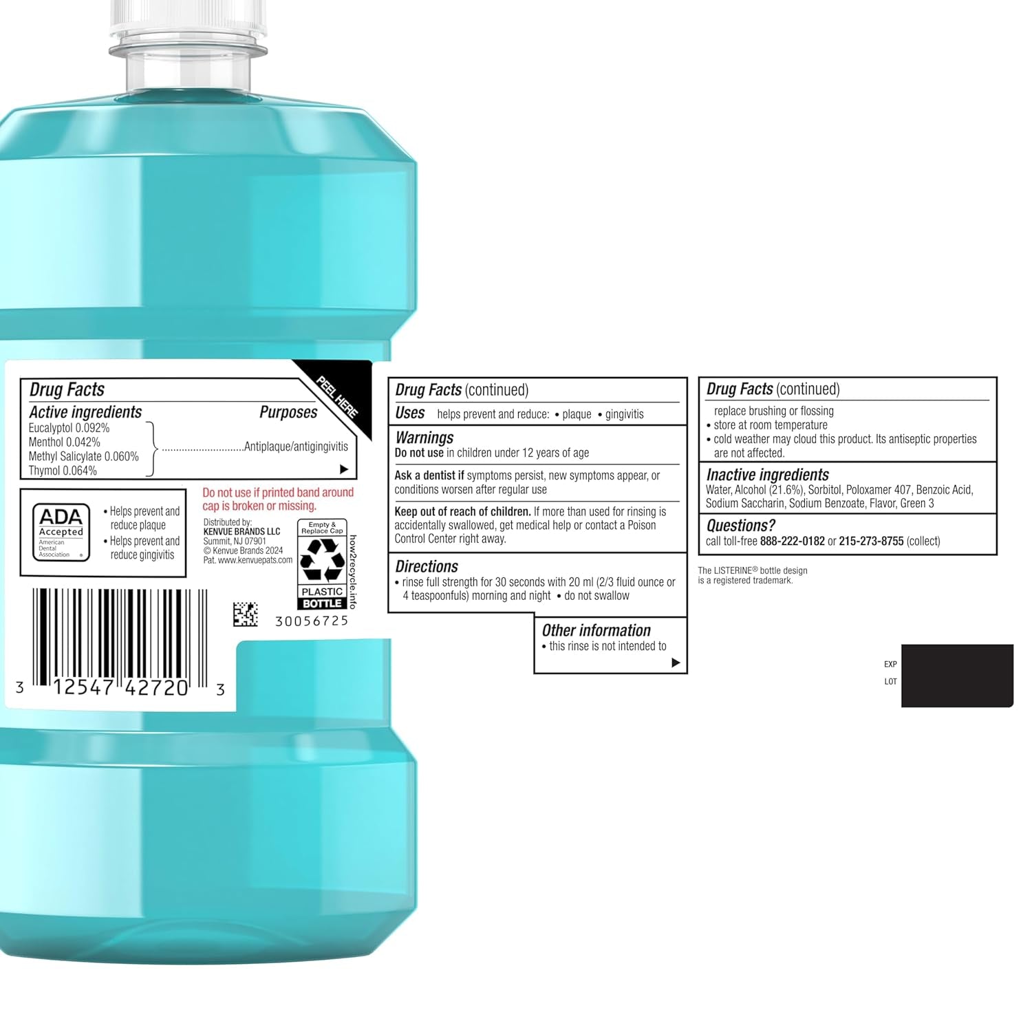 Cool Mint Antiseptic Mouthwash, Daily Oral Rinse Kills 99% of Germs That Cause Bad Breath, Plaque and Gingivitis for a Fresher, Cleaner Mouth, Cool Mint Flavor, 250 Ml/ 8.5 Fl. Oz.