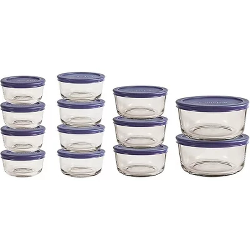 Anchor Hocking Snugfit Glass Food Storage Containers with Navy Lids, 26 Piece Set (Choose Color)