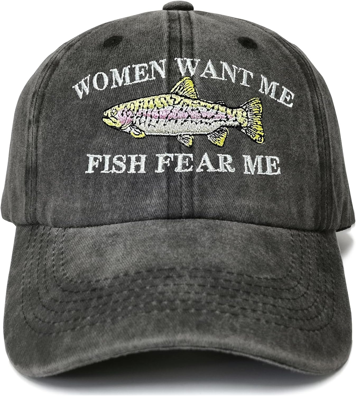 Embroidered women Want Me Fish Fear Me Trucker Hat for Men, Washed Black Dad Hat, Outdoor Adjustable Baseball Snapback Hats