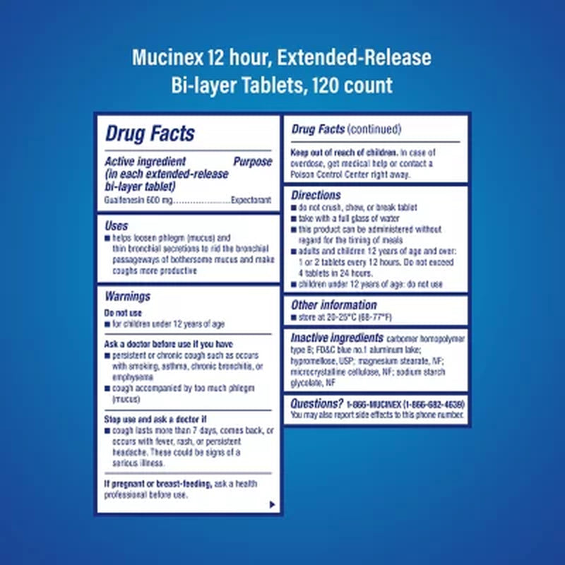 Mucinex 12-Hour Chest Congestant & Mucus Relief Tablets, 600 Mg Guaifenesin 120 Ct.