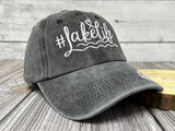 Embroidered #LakeLife Hat Distressed for Men Women, Washed Black Cotton Adjustable Beach Life Unisex Baseball Cap Dad Hat