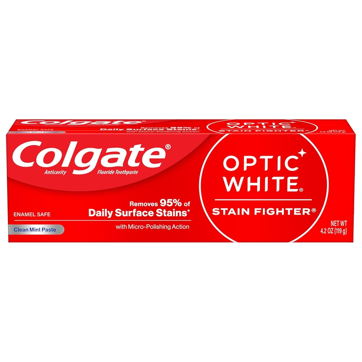 Optic White Stain Fighter Whitening Toothpaste, Clean Mint Flavor, Safely Removes Surface Stains, Enamel-Safe for Daily Use, Teeth Whitening Toothpaste with Fluoride, 4.2 Oz Tube