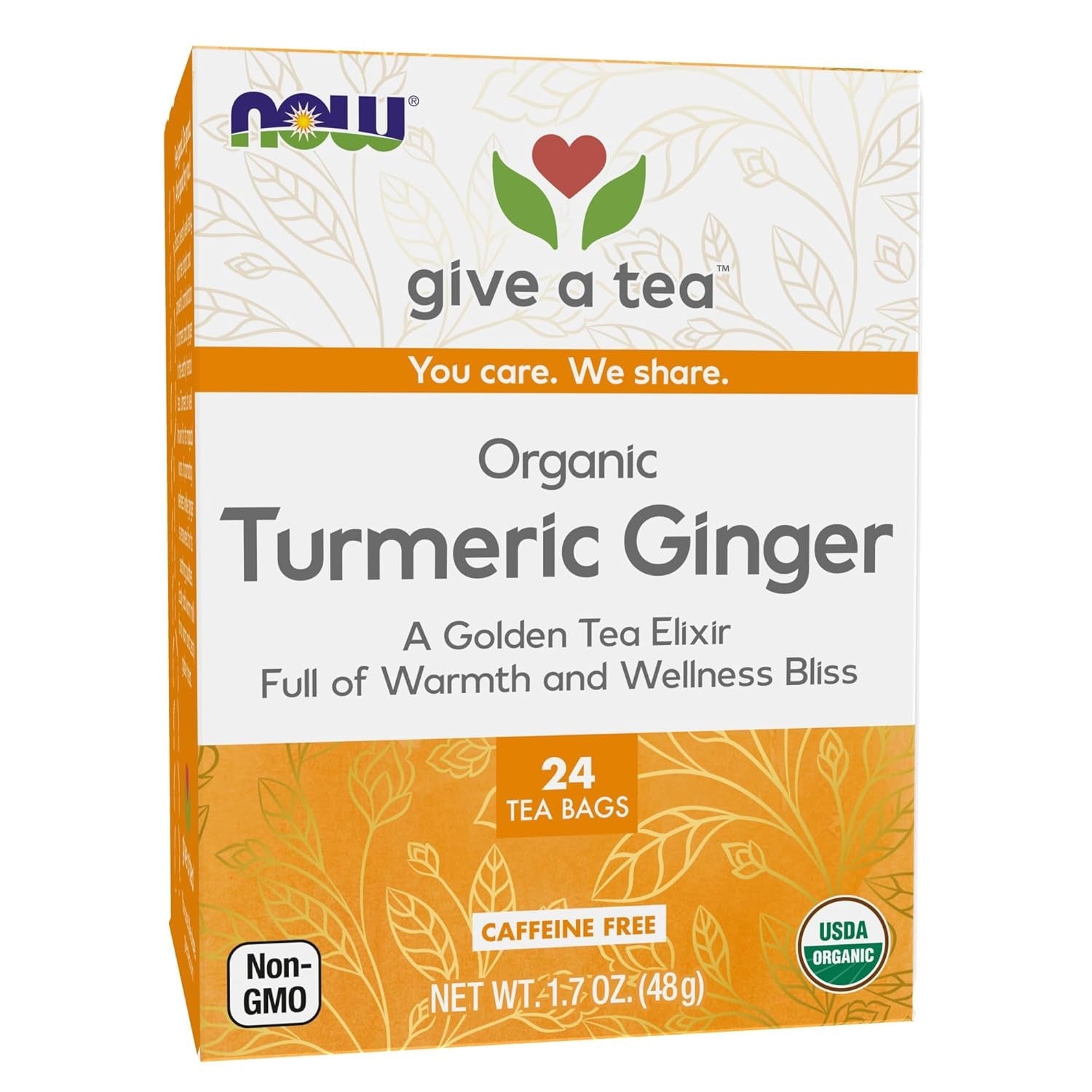 Give a Tea Organic Turmeric Ginger Tea, Caffeine-Free, USDA Certified Organic, Non-Gmo, 24 Tea Bags, 1.7 Ounce (Pack of 6)