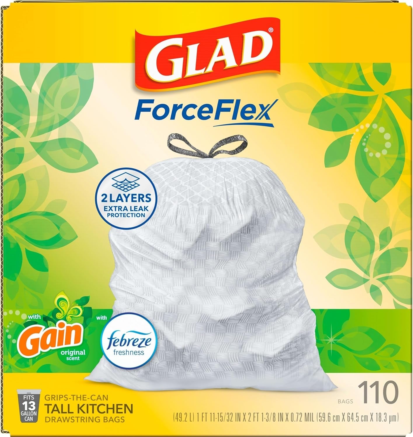 Tall Kitchen Trash Bags 13 Gallon, Gain Original Garbage Bags, Odorshield with Drawstring, 110 Count