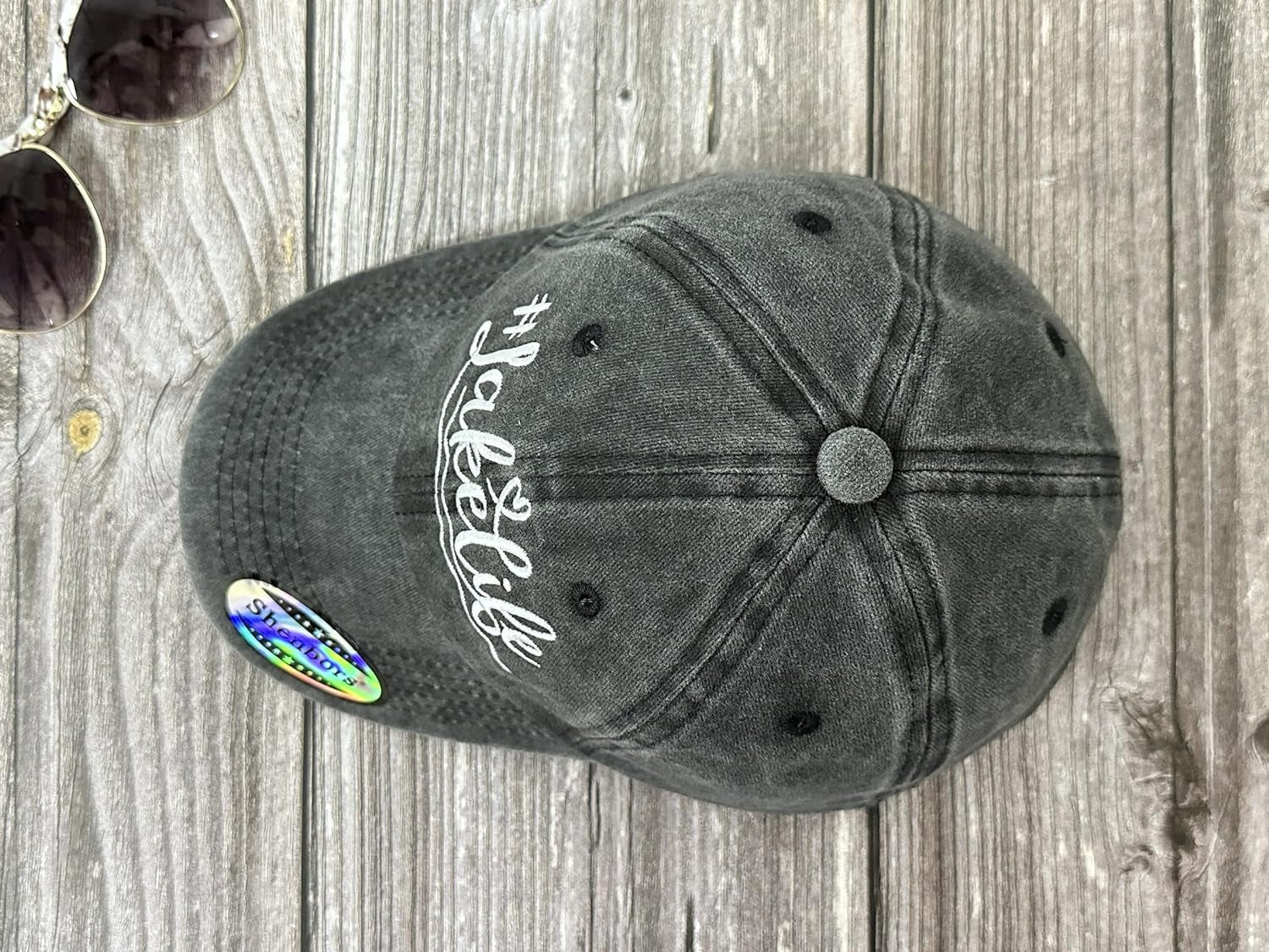 Embroidered #LakeLife Hat Distressed for Men Women, Washed Black Cotton Adjustable Beach Life Unisex Baseball Cap Dad Hat