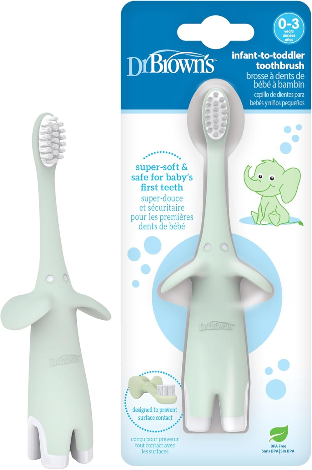 Infant-To-Toddler Toothbrush, Soft and Safe Baby Training Brush, Elephant, Mint, 0-3 Years (Styles May Vary)