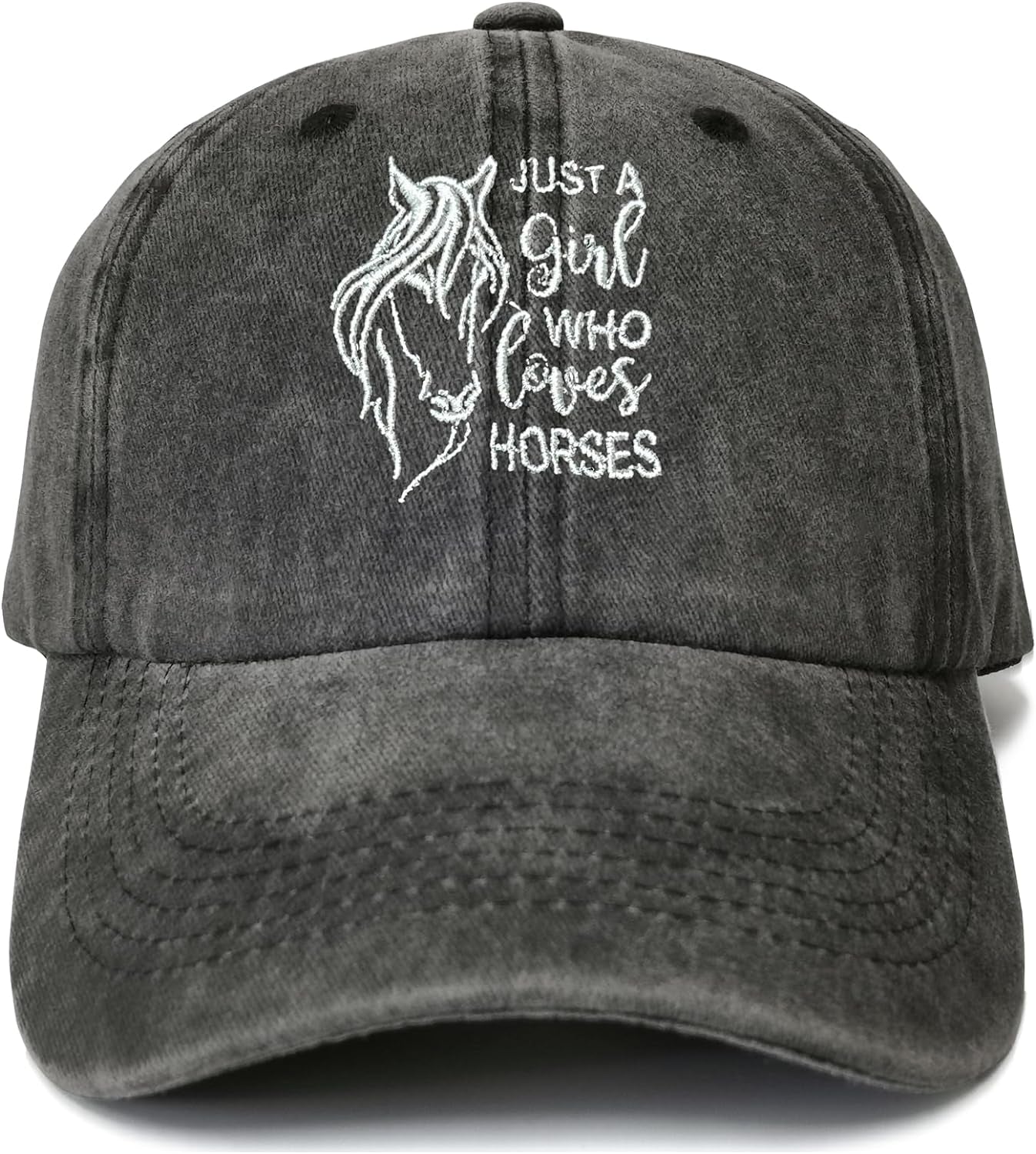 Just a Girl Who Loves Horses Hat, Embroidered Washed Black Adjustable Cotton Baseball Cap Snap Back Hat for Women
