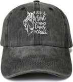 Just a Girl Who Loves Horses Hat, Embroidered Washed Black Adjustable Cotton Baseball Cap Snap Back Hat for Women