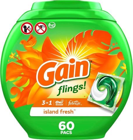 Flings! Laundry Detergent Soap Pacs HE Compatible 60 Ct Long Lasting Scent Island Fresh