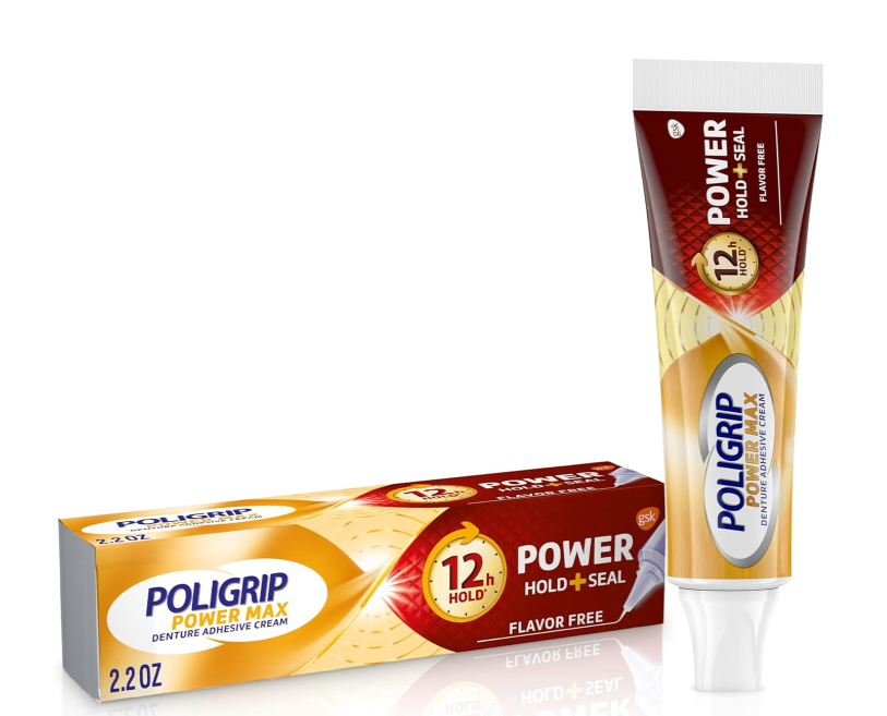 Poligrip Power Max Power Hold plus Seal Denture Adhesive Cream, Denture Cream for Secure Hold and Food Seal, Flavor Free - 2.2 Oz (Pack of 4)