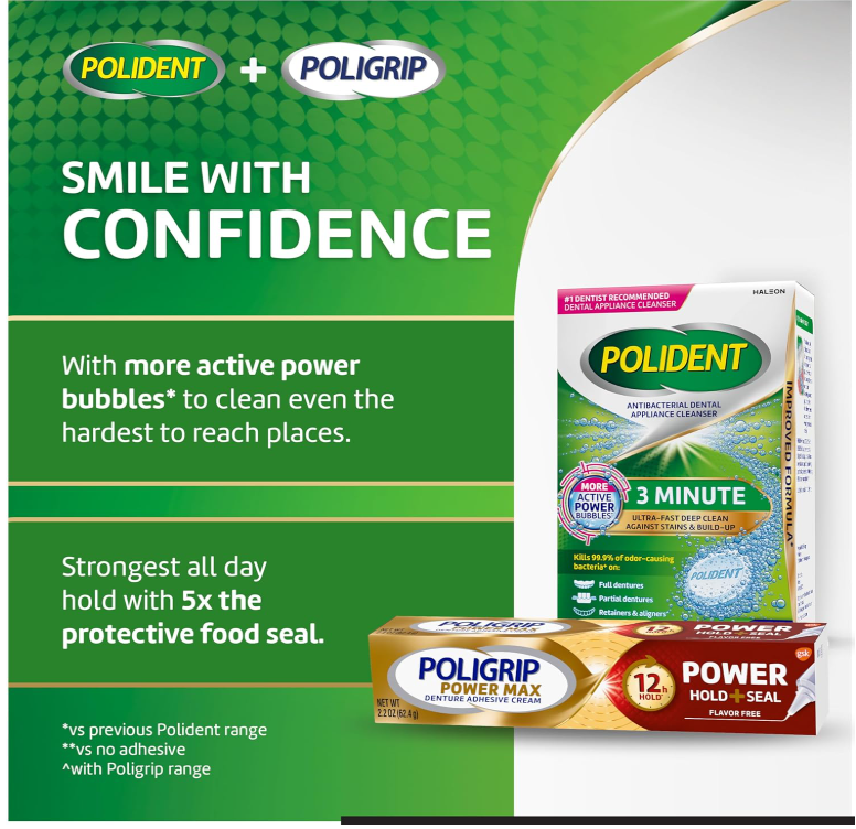 Poligrip Power Max Power Hold plus Seal Denture Adhesive Cream, Denture Cream for Secure Hold and Food Seal, Flavor Free - 2.2 Oz (Pack of 4)