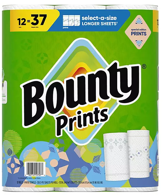 Bounty Prints Select-A-Size 2-Ply Paper Towels, 12 Rolls, 128 sheets/roll