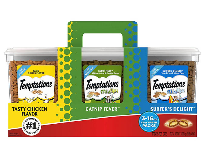 TEMPTATIONS Cat Treats Variety Pack with Tasty Chicken Flavor, Catnip Fever, & Surfers' Delight, 16 oz., 3 tubs