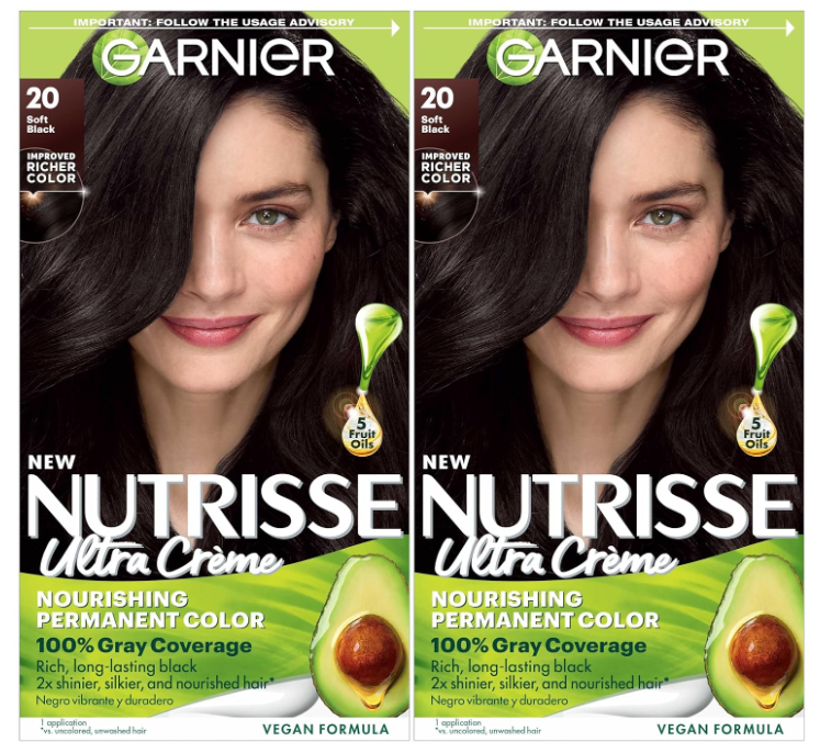 Hair Color Nutrisse Nourishing Creme, 20 Soft Black (Black Tea) Permanent Hair Dye, 2 Count (Packaging May Vary)