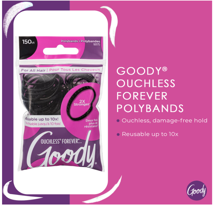 Ouchless Womens Polyband Elastic Hair Tie - 150 Count, Black - Fine Hair - Hair Accessories to Style with Ease and Keep Your Hair Secured - Perfect for Fun and Unique Hairstyles - Pain-Free