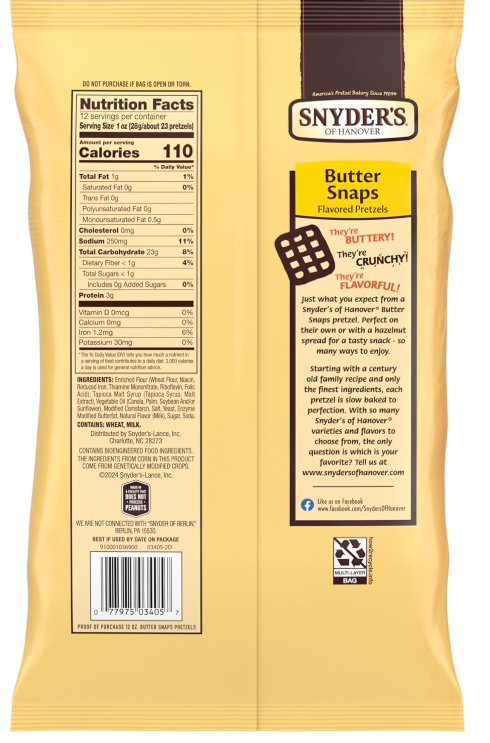 Butter Snaps Pretzels, 12 Oz Bag