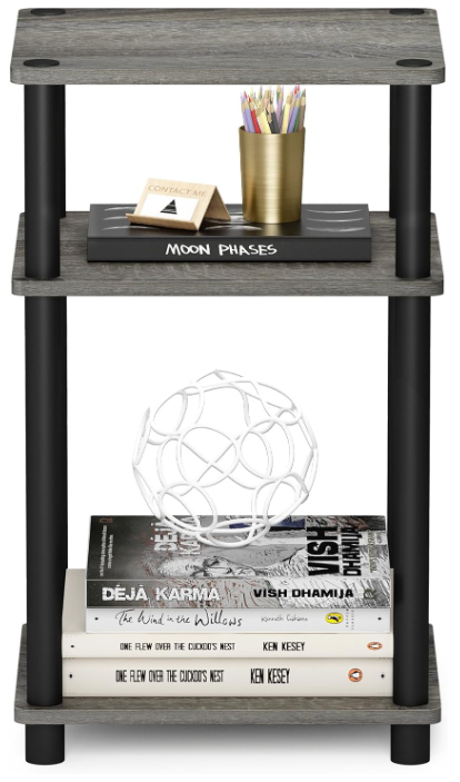Just 3-Tier Turn-N-Tube End Table / Side Table / Night Stand / Bedside Table with Plastic Poles, 1-Pack, French Oak Grey/Black