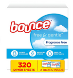 Bounce Free & Gentle Dryer Sheets, Unscented, 320 ct.