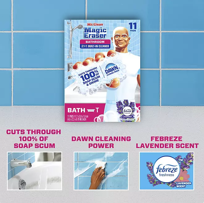 Mr. Clean Magic Eraser 2-in-1 Bathroom Cleaner Sponge, Lavender, 11 ct.
