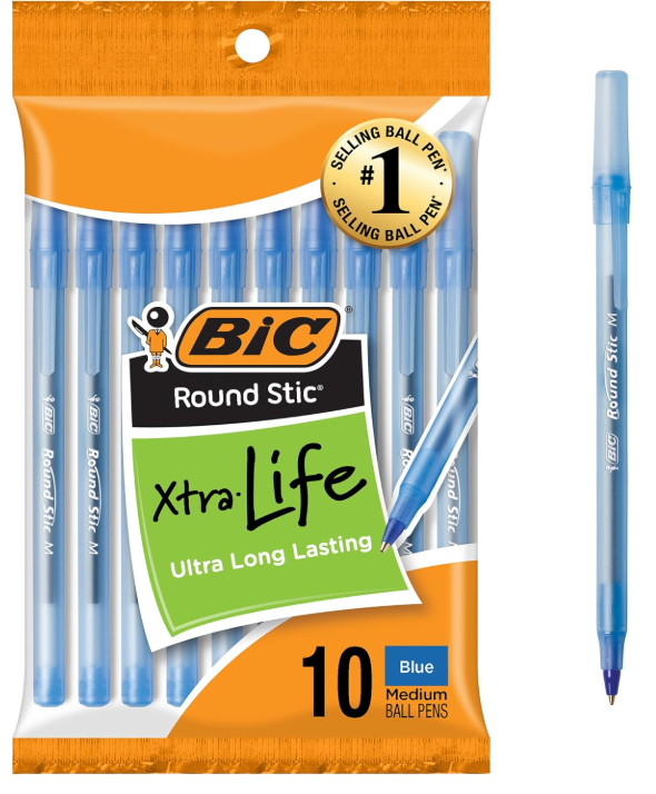 round Stic Xtra Life Blue Ballpoint Pens, Medium Point (1.0Mm), 10-Count Pack of Bulk Pens, Flexible round Barrel for Writing Comfort, No. 1 Selling Ballpoint Pens