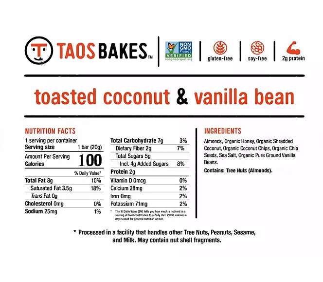 Taos Bakes Mini Snack Bars, Vanilla Almond & Coconut, 0.7 Oz., 26 Ct.