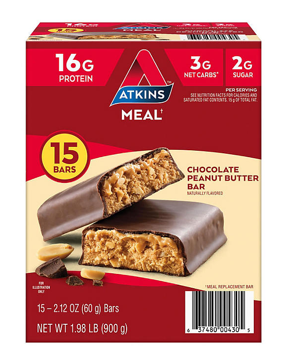 Atkins Chocolate Peanut Butter Meal Bars, High Fiber, 16G of Protein 15 Ct.