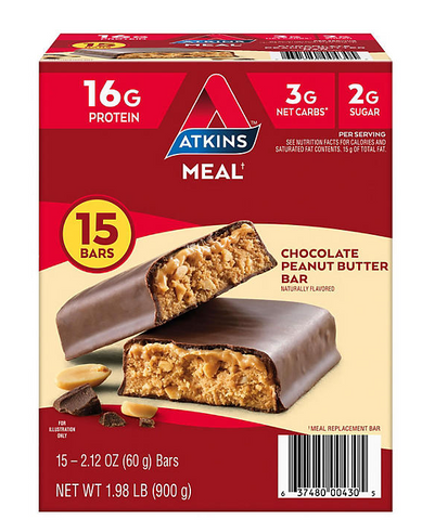 Atkins Chocolate Peanut Butter Meal Bars, High Fiber, 16G of Protein 15 Ct.