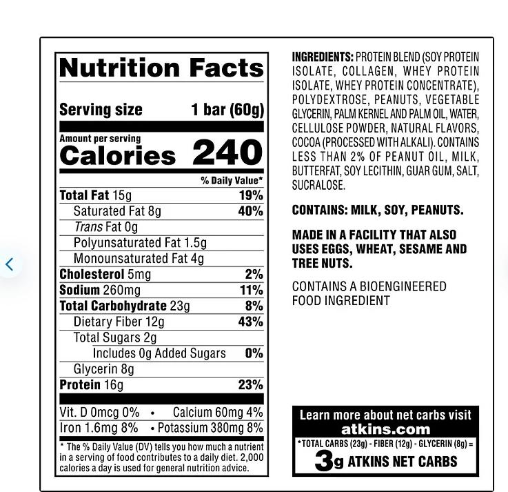 Atkins Chocolate Peanut Butter Meal Bars, High Fiber, 16G of Protein 15 Ct.