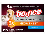 Bounce Pet Hair & Lint Guard Mega Dryer Sheets, Fresh Scent, 210 ct.
