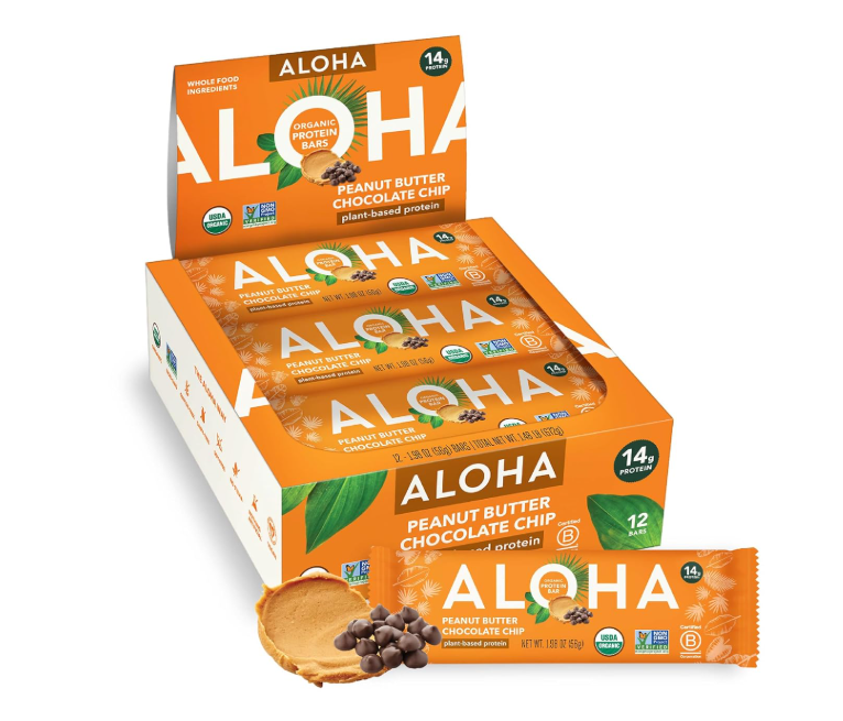 ALOHA Organic Plant Based Protein Bars |Peanut Butter Chocolate Chip | 1.98 Oz (Pack of 12) | Vegan, Low Sugar, Gluten Free, Paleo, Low Carb, Non-GMO, Stevia Free, Soy Free, No Sugar Alcohols