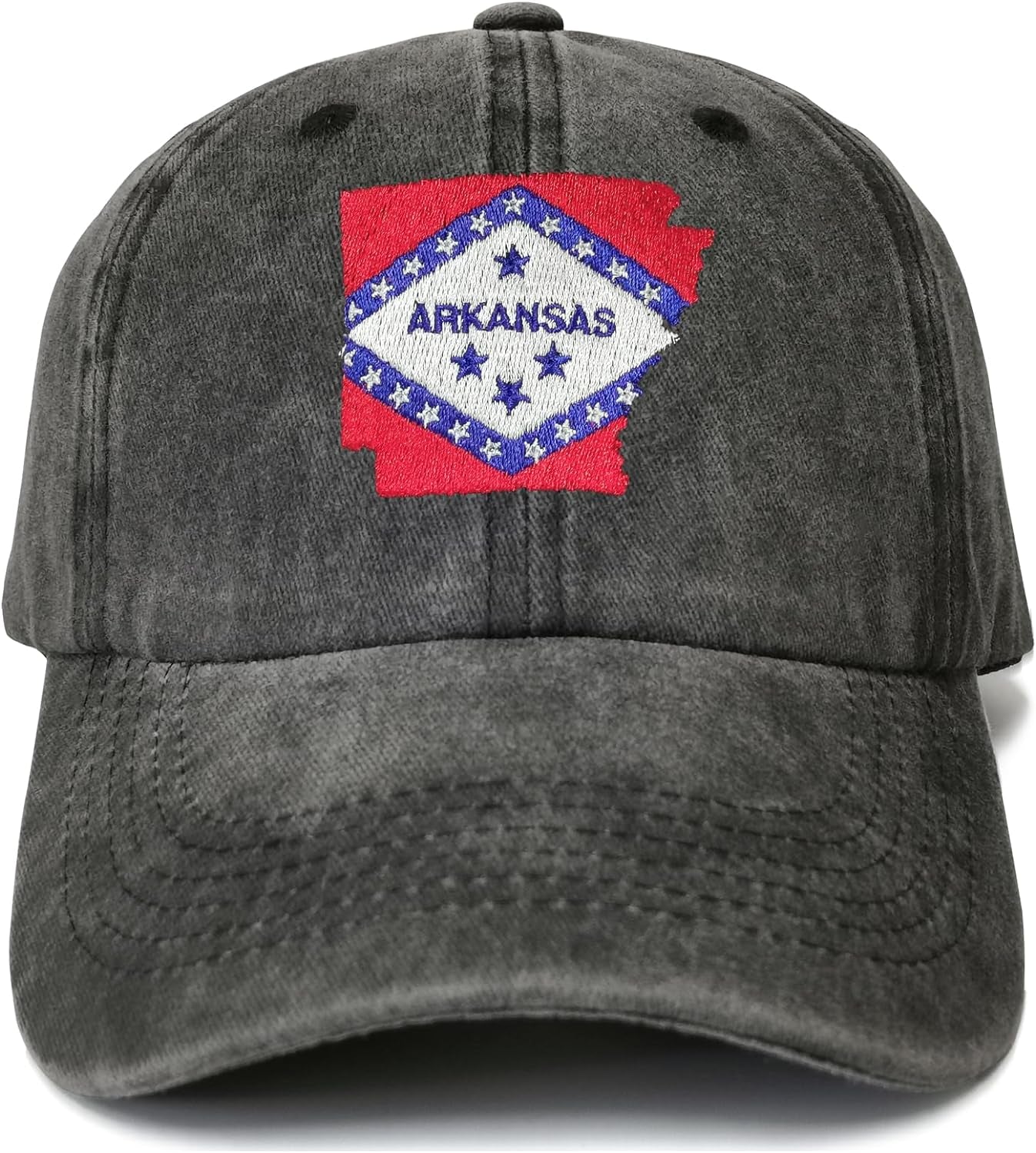 Embroidered Arkansas State Flag Hat for Women Men Kids, Washed Black Embroidery Baseball Cap, Cotton Snapback Trucker Hat