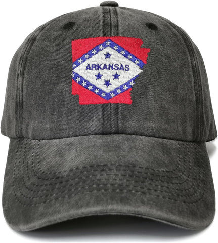 Embroidered Arkansas State Flag Hat for Women Men Kids, Washed Black Embroidery Baseball Cap, Cotton Snapback Trucker Hat