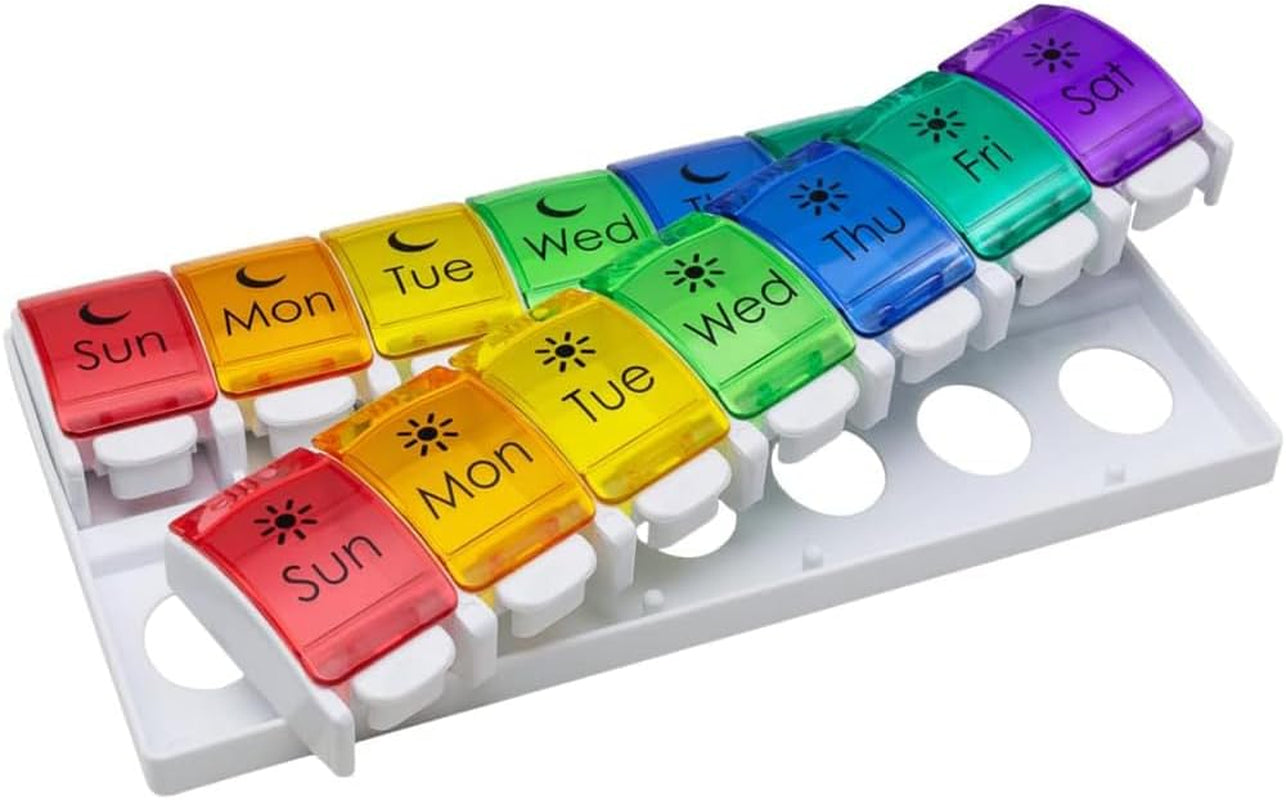 Weekly (7-Day) Pill Case, Medicine Planner, Vitamin Organizer, 2 Times a Day AM/PM, Removeabale Trays, Large Push Button Compartments, Easy to Use, Arthritis Friendly, Rainbow Lids, BPA Free