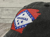 Embroidered Arkansas State Flag Hat for Women Men Kids, Washed Black Embroidery Baseball Cap, Cotton Snapback Trucker Hat