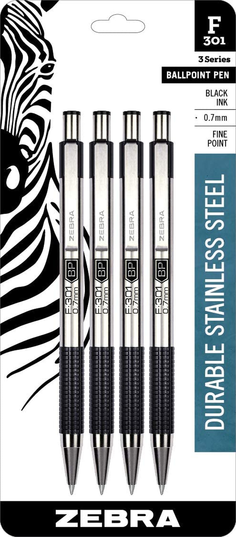 F-301 Retractable Ballpoint Pen, Stainless Steel Barrel, Fine Point, Black Ink, 4-Pack (27114)