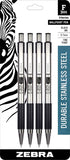 F-301 Retractable Ballpoint Pen, Stainless Steel Barrel, Fine Point, Black Ink, 4-Pack (27114)