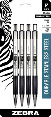 F-301 Retractable Ballpoint Pen, Stainless Steel Barrel, Fine Point, Black Ink, 4-Pack (27114)