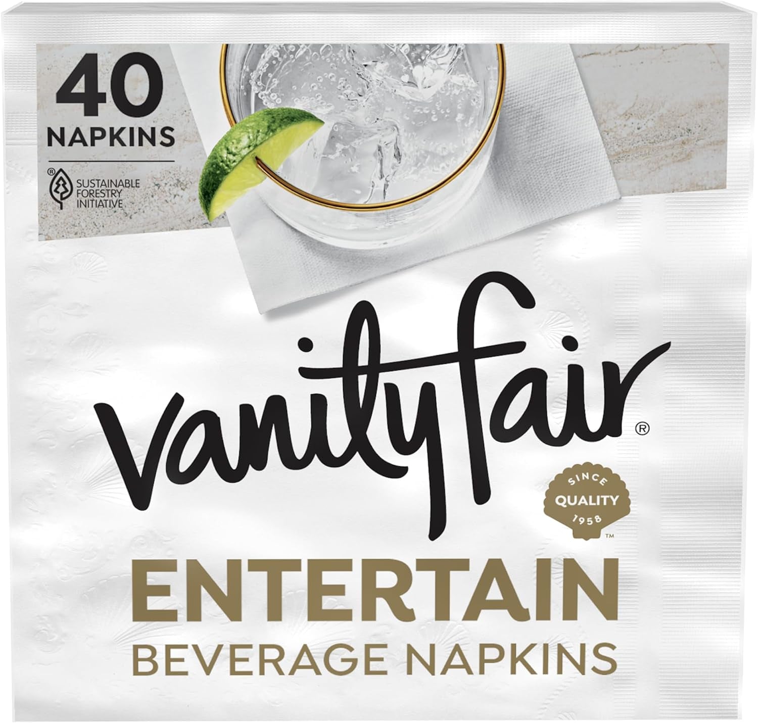 Entertain Beverage Paper Napkins, White, 2-Ply, 40 Count, 4.9" X 4.9", Disposable Napkins for Entertaining