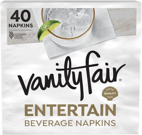 Entertain Beverage Paper Napkins, White, 2-Ply, 40 Count, 4.9" X 4.9", Disposable Napkins for Entertaining