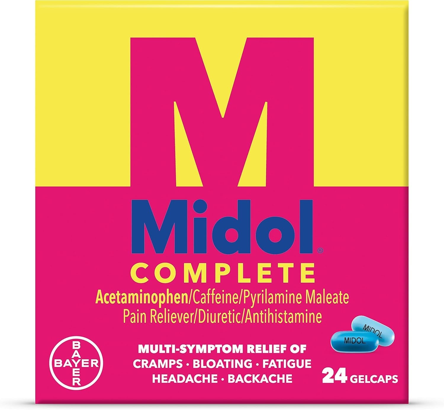 Complete Gelcaps 24Ct:  Complete Menstrual Pain Relief Gelcaps with Acetaminophen for Menstrual Symptom, PMS Relief, and Period Cramp Relief - 24 Count (Packaging May Vary)