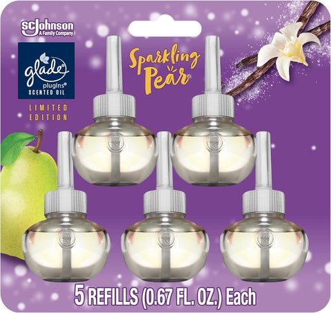 Plugins Refills Air Freshener, Scented and Essential Oils for Home and Bathroom, Sparkling Pear, Limited Edition Scent, 3.35 Fl Oz, 5 Count