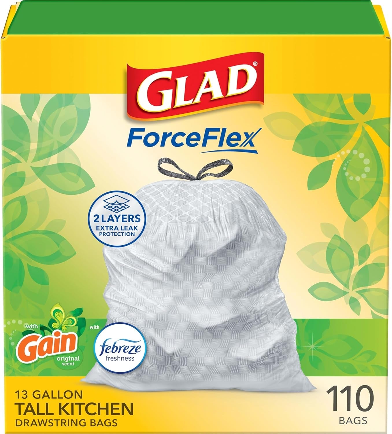 Tall Kitchen Trash Bags 13 Gallon, Gain Original Garbage Bags, Odorshield with Drawstring, 110 Count